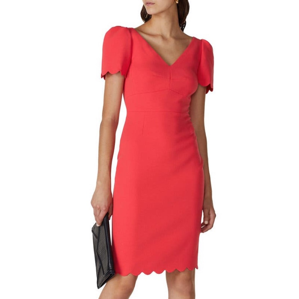 L.K. Bennett Enid Scalloped Short Puff Sleeve V-Neck Mini Sheath Dress Red Sz 12